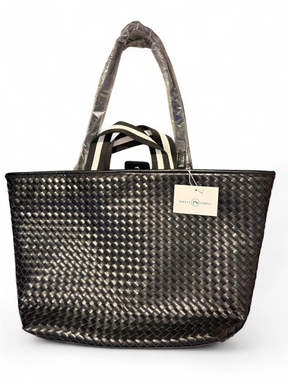 Pretty Simple Black Woven Tote with Stripe Accent Handles